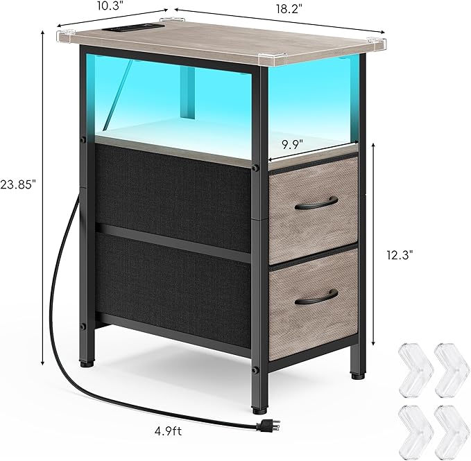 Vagusicc Nightstand with Charging Station and LED Lights, Narrow Side Table - Image 3