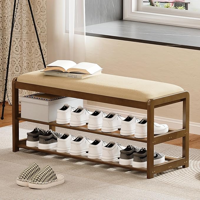 2-Tier Bamboo Shoe Bench with Cushion and Hidden Drawer, Entryway Shoe Rack - Image 9