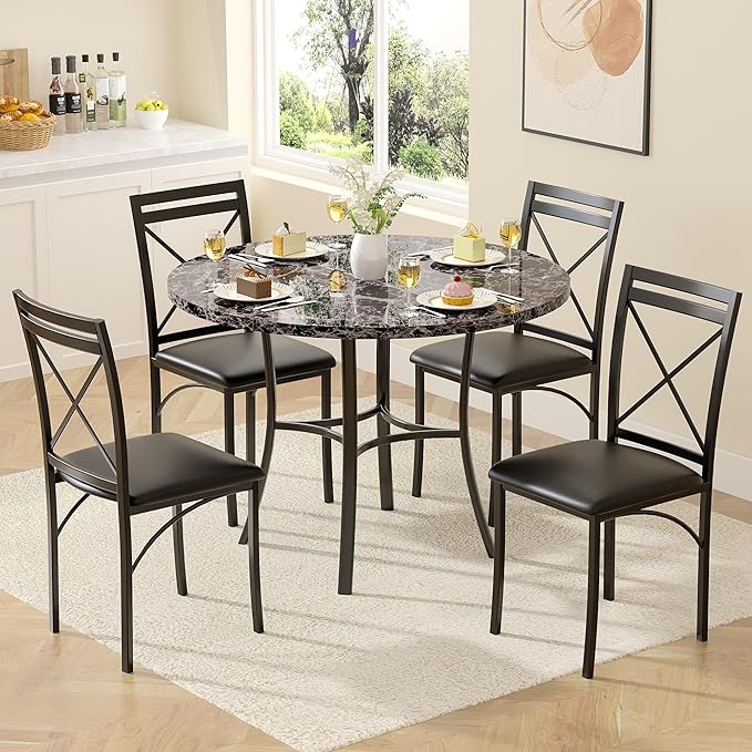 VECELO 36" Round Dining Table for 4, Faux Marble Dinette - Image 7