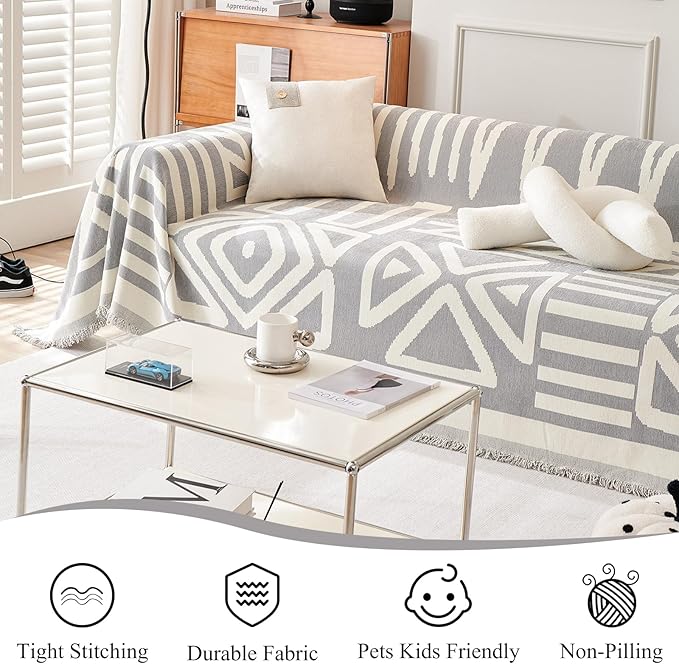 STACYPIK Durable Chenille Gray Beige Sofa Cover Boho Triangle Slipcover - Image 5
