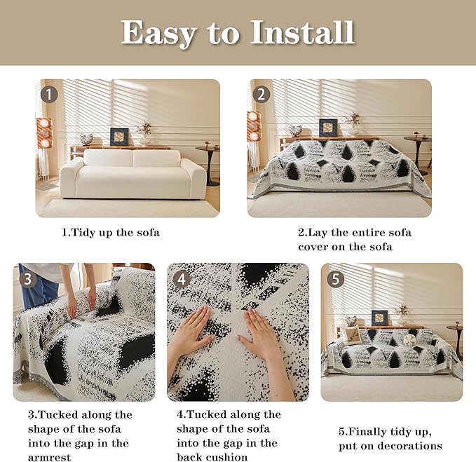 MYSKY HOME Boho Couch Cover for Dogs Washable Black Rhombic Couch Sofa - Image 6