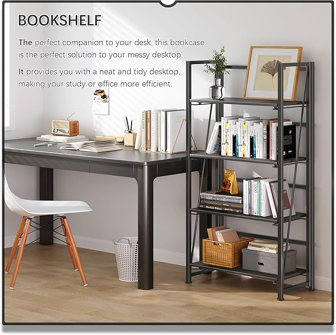 4NM No-Assembly Folding Bookshelf Storage Shelves 4 Tiers Vintage Bookcase - Image 3
