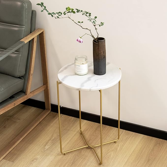 Real Marble top Gold Metal Round 15 in Side End Table - Image 2