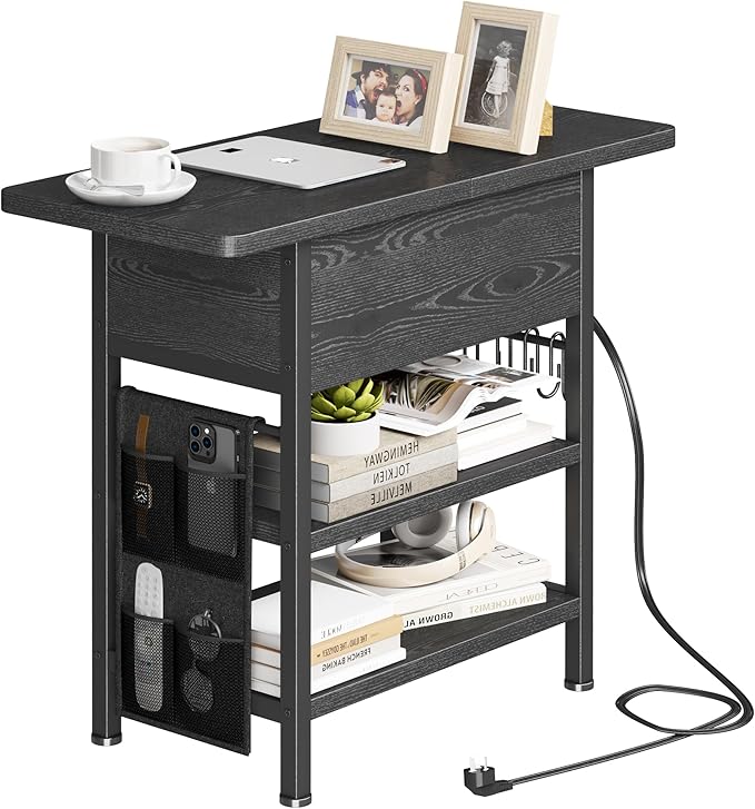 End Table with Charging Station, Flip Top Nightstand with USB Ports and Outlets - Image 7