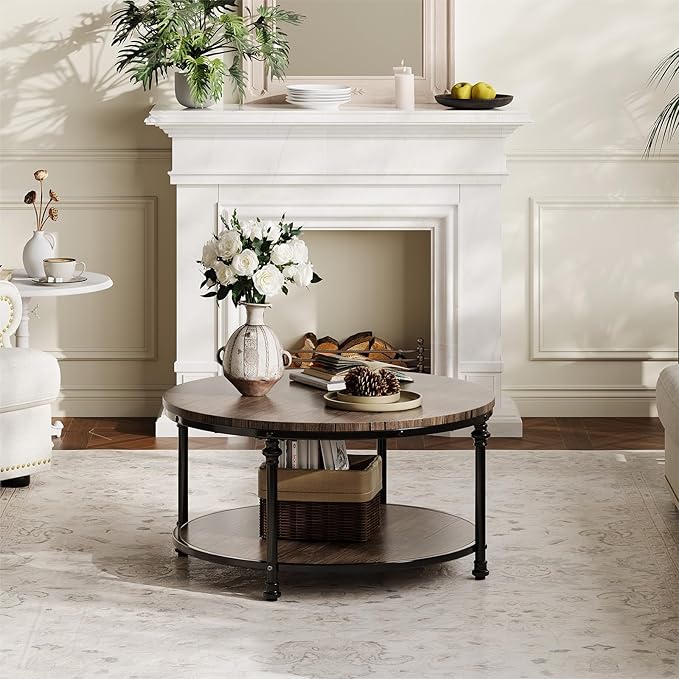 34.25in Round Wood Coffee Table, 2-Tier Small Coffee Table - Image 7