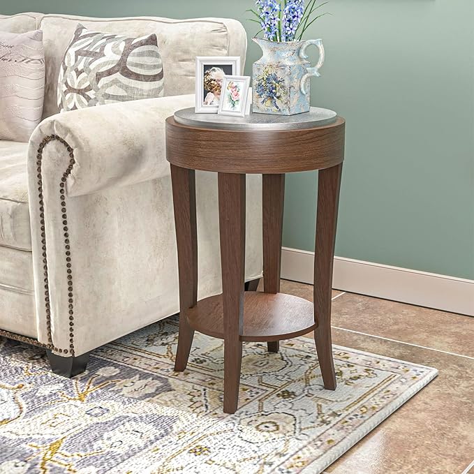 COSIEST Round End Table, 2-Tier Classic Brown Side Table, Farmhouse Wood Accent - Image 8