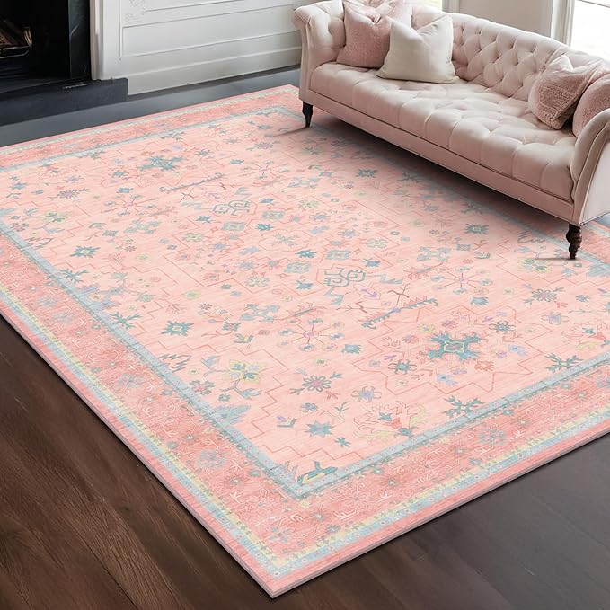 Pink and Blue Washable 5x8 Living Room Rugs, Boho Aethestic Oushak Vintage Area by HazoHaus