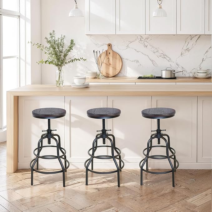 LOKKHAN Vintage Industrial Bar Stool-Rustic Swivel Bar Stool-Round Walnut Wood - Image 7