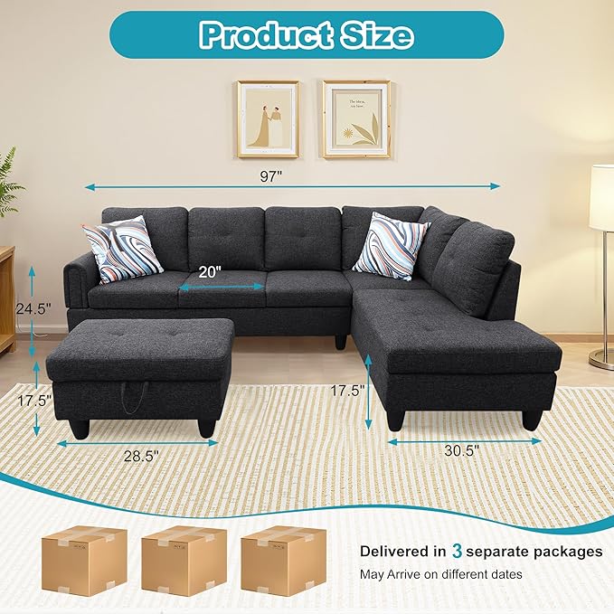Couches for Living Room Modern L Shaped Couch Comfy Linen Fabric 3 Pieces - Image 2