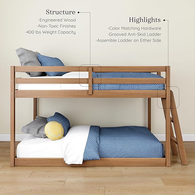 Grain & Grove Bear Twin Over Twin Bunk Bed, Low Bunk Bed Frame - Image 3