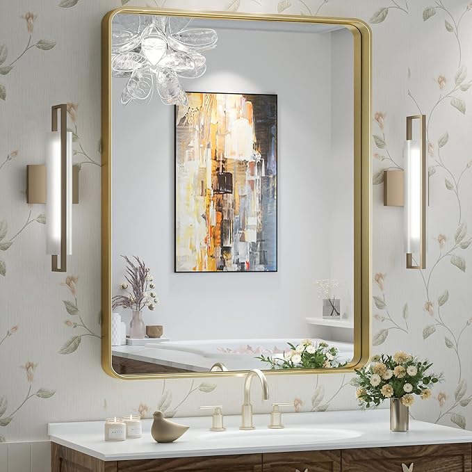 TokeShimi Bathroom Mirror for Wall 24 x 32 Inch Gold Brushed Brass Metal by RefinedBathroomAccessories