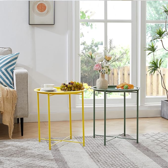VECELO Side/End Table, Folding Round Metal Anti-Rust and Waterproof Outdoor or - Image 5