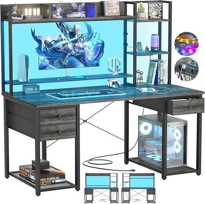 Aheaplus Desk with LED and Outlets, Gaming Desk with Hutch, 47.2'' Computer by Aheaplus