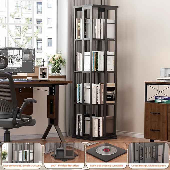 Aheaplus Rotating Bookshelf, 360 Display Wood Spinning Bookshelf, Floor - Image 6