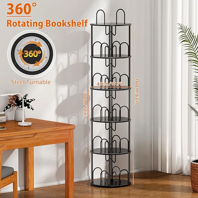 5 Tier Rotating Bookshelf, 360° Spinning Bookshelf Tower, Round Narrow Space - Image 2