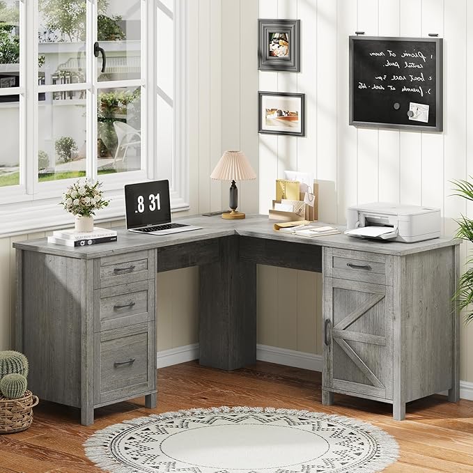 59” L Shaped Executive Desk with Power Outlets, Farmhouse Home Office Desk - Image 6