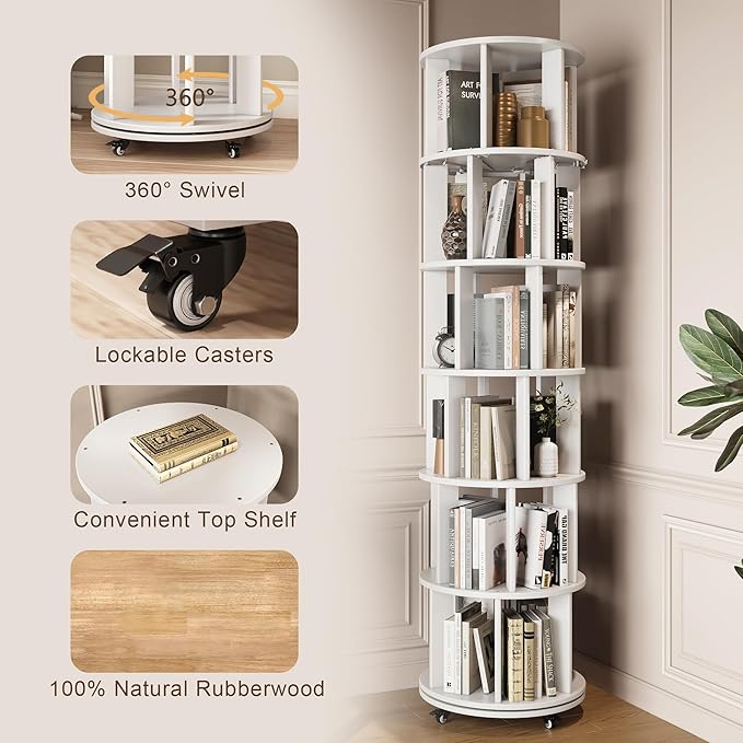 6 Tier Bookshelf Tower, 360° Solid Wood Spinning Bookcase - Image 5