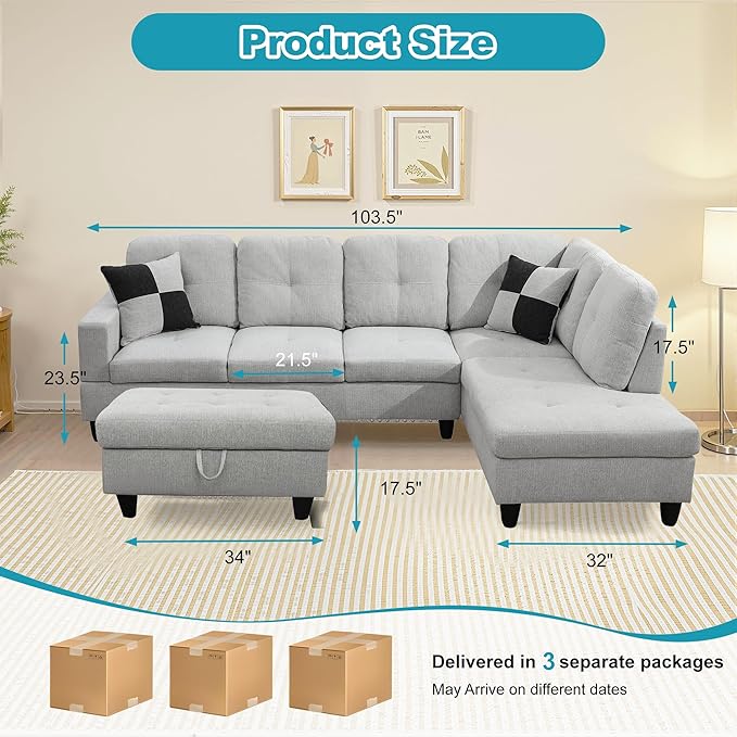 Couches for Living Room Modern L Shaped Couch Comfy Flannel Fabric 3 Pieces - Image 2