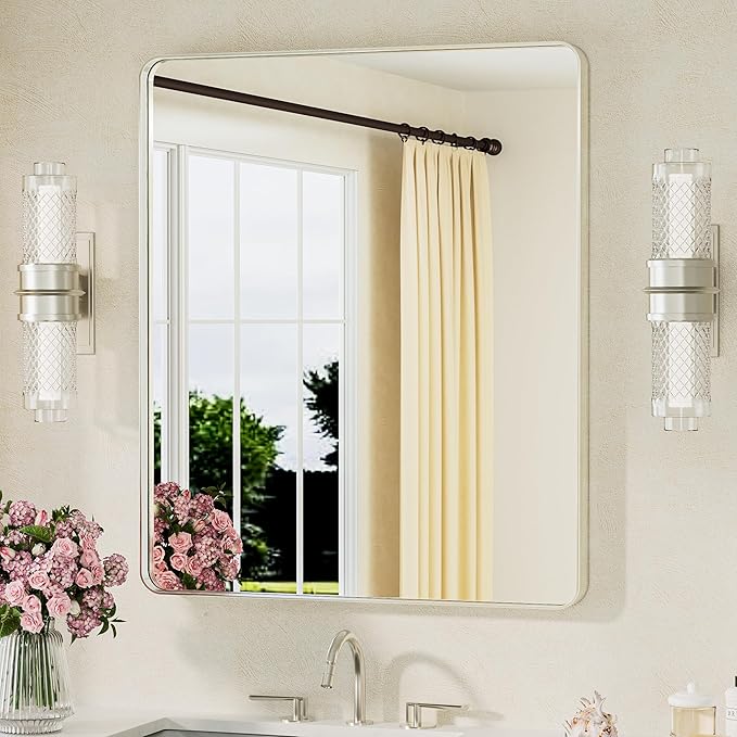 TETOTE Brushed Nickel Bathroom Mirror 30 x 36 Brushed Nickel Metal Framed by TETOTE