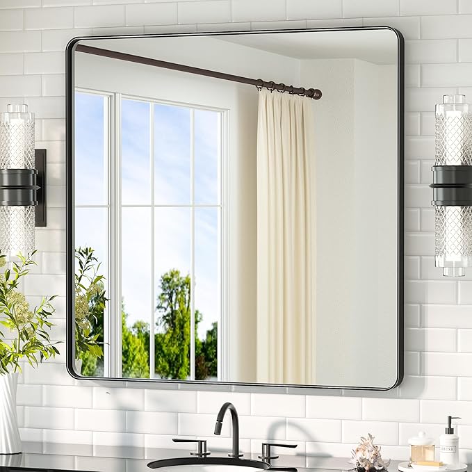 TETOTE 36 x 36 Black Mirror for Bathroom Matte Black Metal Frame Mirror by TETOTE