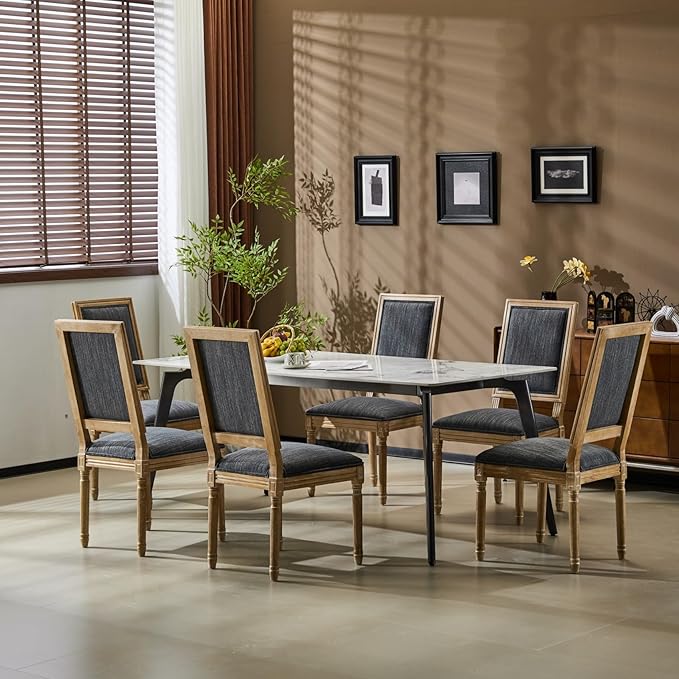 Merax Upholstered Solid Wood Dining Chairs Set of 6, French Country Style - Image 4