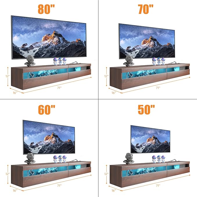 Floating TV Stand with Led Lights, 71 inch Wall Mounted TV Shelf with Power - Image 5