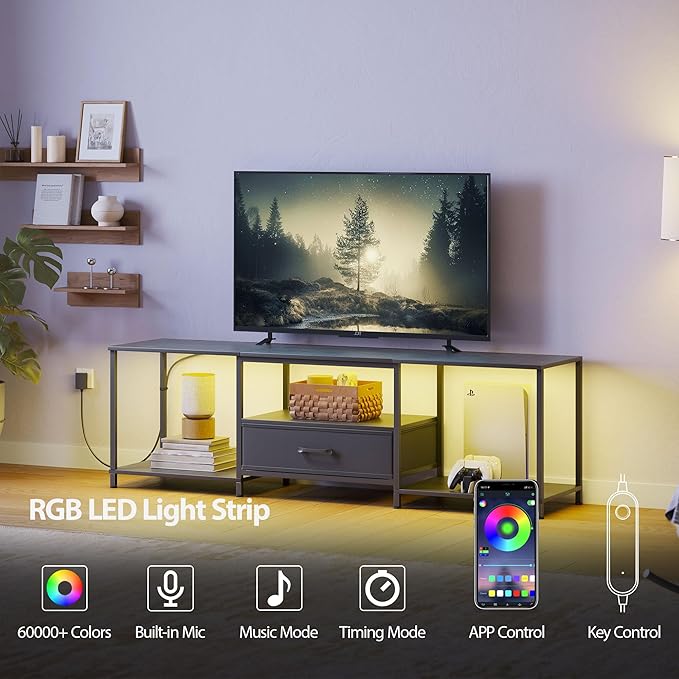 TV Stand with LED Lights, Entertainment Center with Open Shelves and Fabric - Image 4