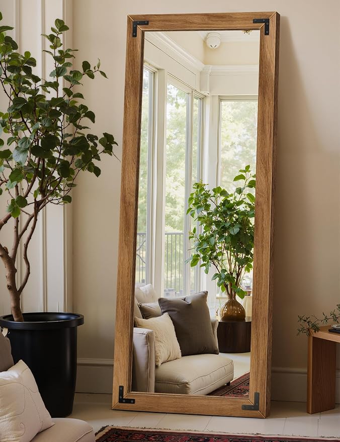 Full Length Mirror with Wooden Frame, Hanging or Leaning Wall-Mounted by TRAHOME