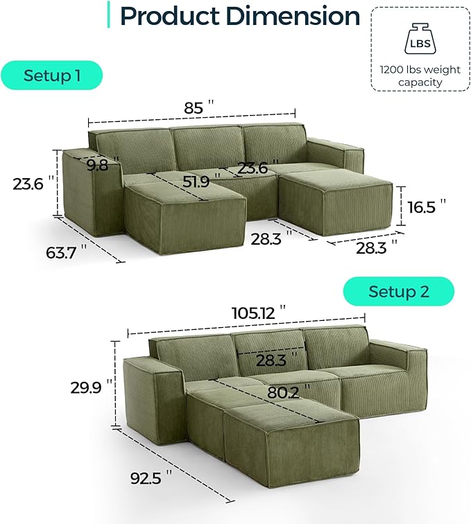 LINSY HOME Modular Sectional Sofa, Corduroy Sectional Cloud Couches - Image 2