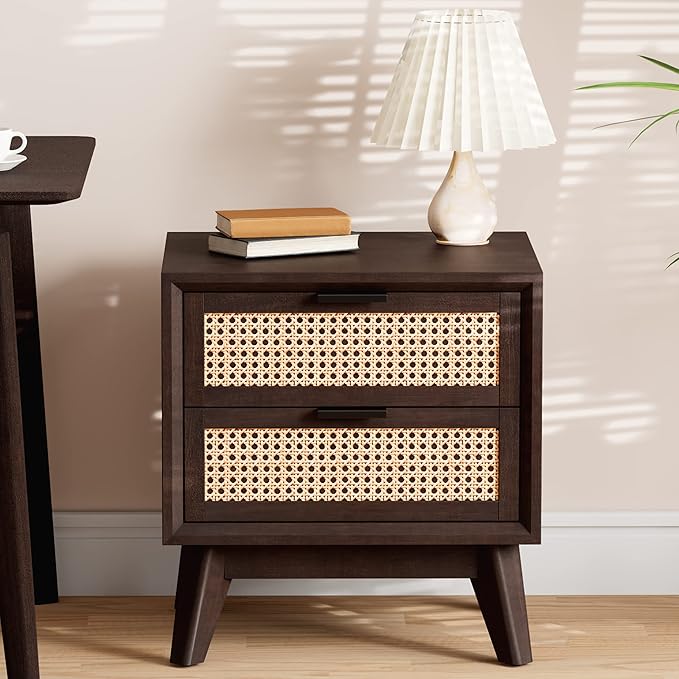 Bme Jasper Deluxe Solid Wood Rattan Nightstand Fully Assembled-Mid Century by Bme