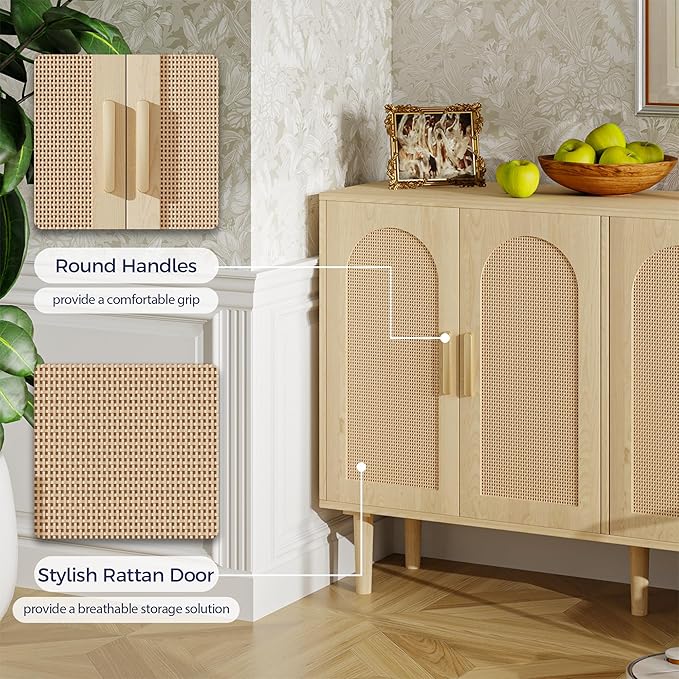 Buffet Cabinet with Storage, KitchenSideboard Cabinet with 4 Rattan Decorated - Image 3