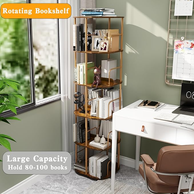 5-Tier Rotating Bookshelf, 360 ° Display Stackable Spinning Bookshelf Tower - Image 3