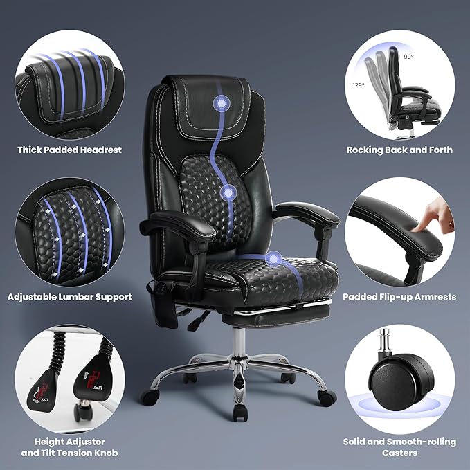 Massage Office Chair with Heat and Footrest –Reclining Desk Chair, Big and Tall - Image 3