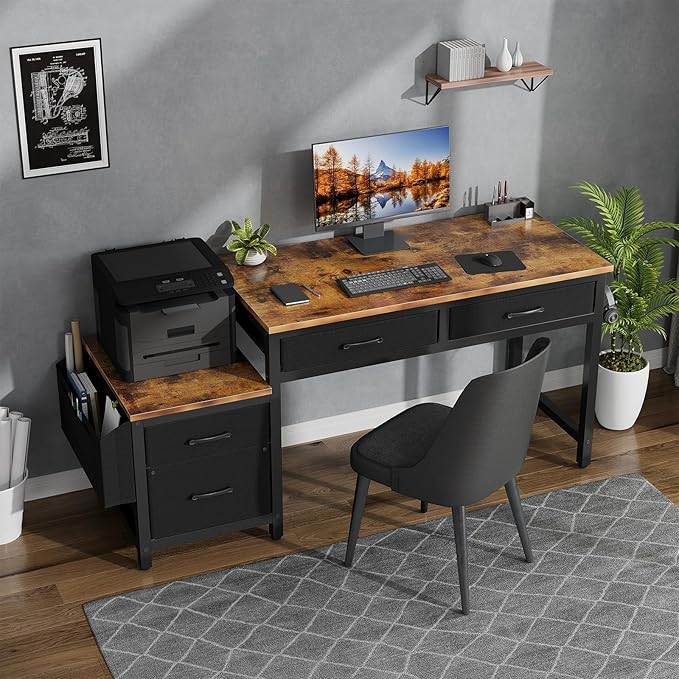Lufeiya Computer Desk with Fabric File Drawers Cabinet, 57 Inch Home Office - Image 5