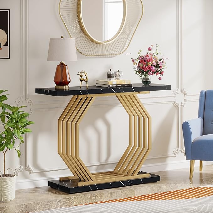 Tribesigns Gold Console Table, Faux Marble Entryway Table Narrow Sofa Table - Image 4
