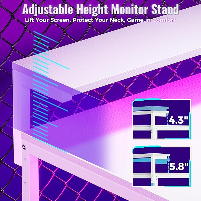 PRAISUN 61.7" Gaming Desk with LED Lights & Outlets, Computer Desk with 3 - Image 8