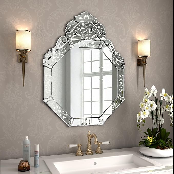 KOHROS Venetian Mirror with Top Crown Arch Floral Etched 32 x 24 Inch Octagonal by KOHROS