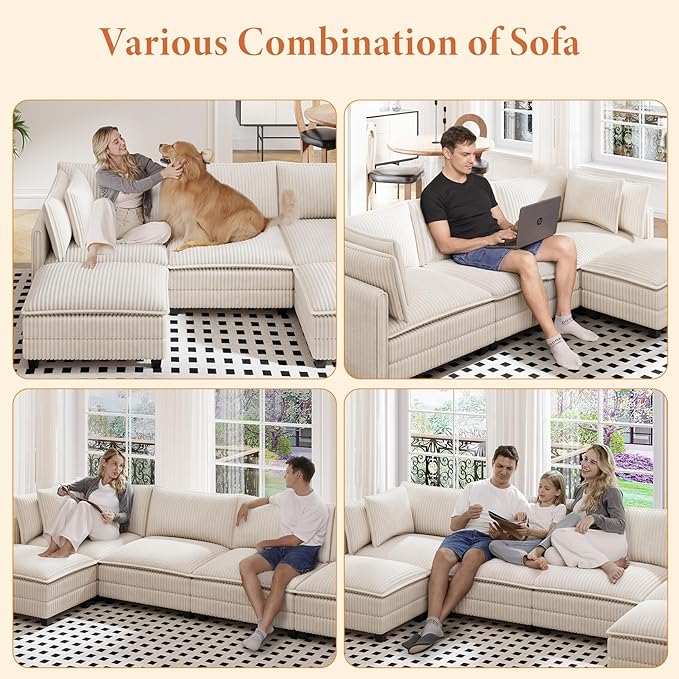 Vesgantti 109" U Shaped Cloud Sectional Sofa, Comfy Corduroy Upholstered - Image 5