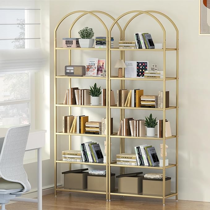 Homhedy Bookshelf Arched Display Racks, Metal Bookcase, Tempered Glass Shelves - Image 5