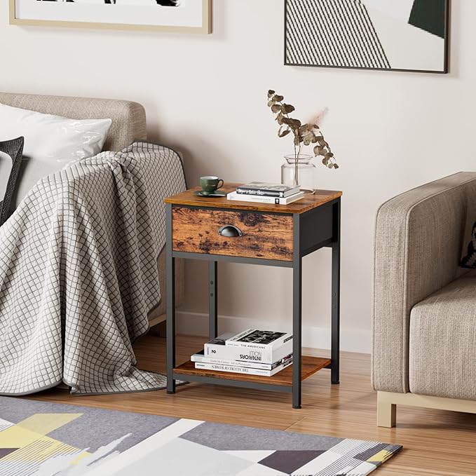 Furologee End Table with Storage Shelf and Fabric Drawer, 2 Tiers Industrial - Image 8