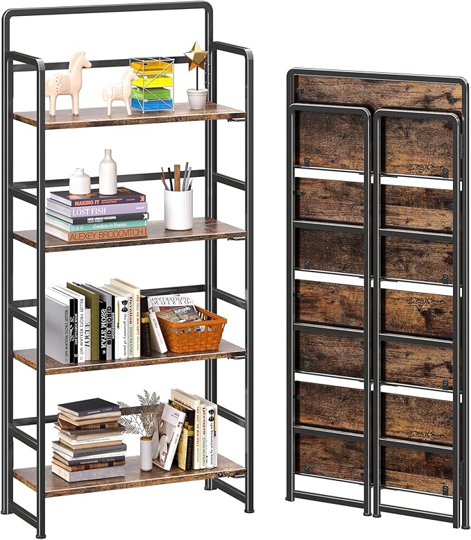 4NM No Assembly Folding Bookshelf, 4-Shelf 54" H Collapsible Foldable Bookcase by 4NM