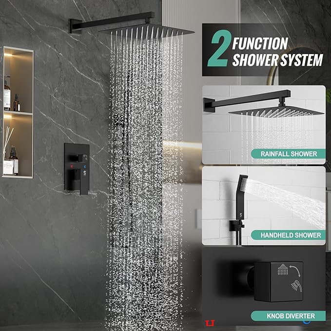SR SUN RISE Black Square Rainfall Shower Head and Handle Set, Wall Mounted - Image 3