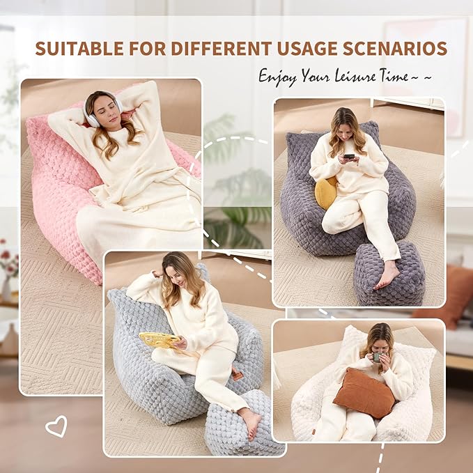 Bedroom Bean Bags Chair with Foot Stool, Comfy Reading Chair with Filler - Image 5
