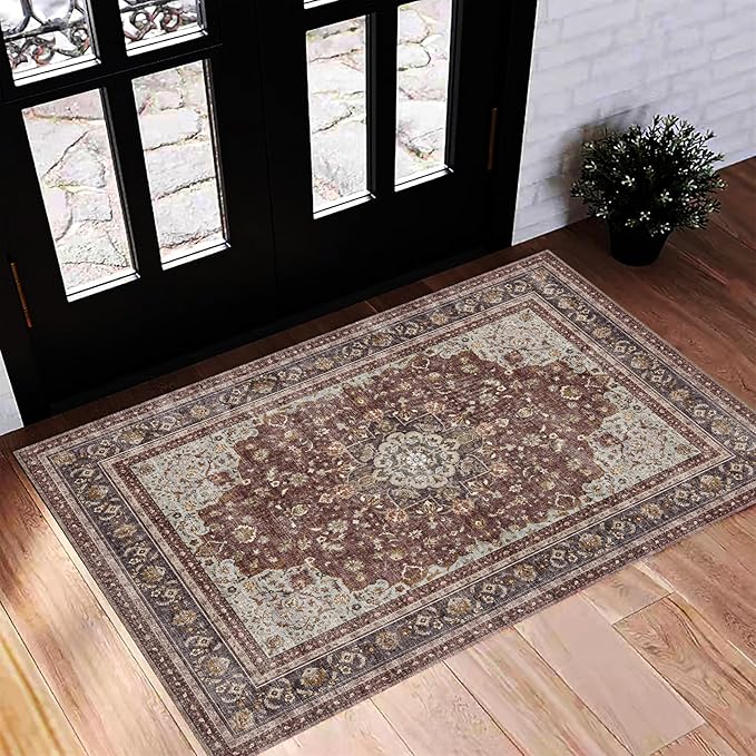 Washable Area Rug 2'x3' Door Mat Vintage Distressed Doormat Indoor Entrance by CHAMPLANT
