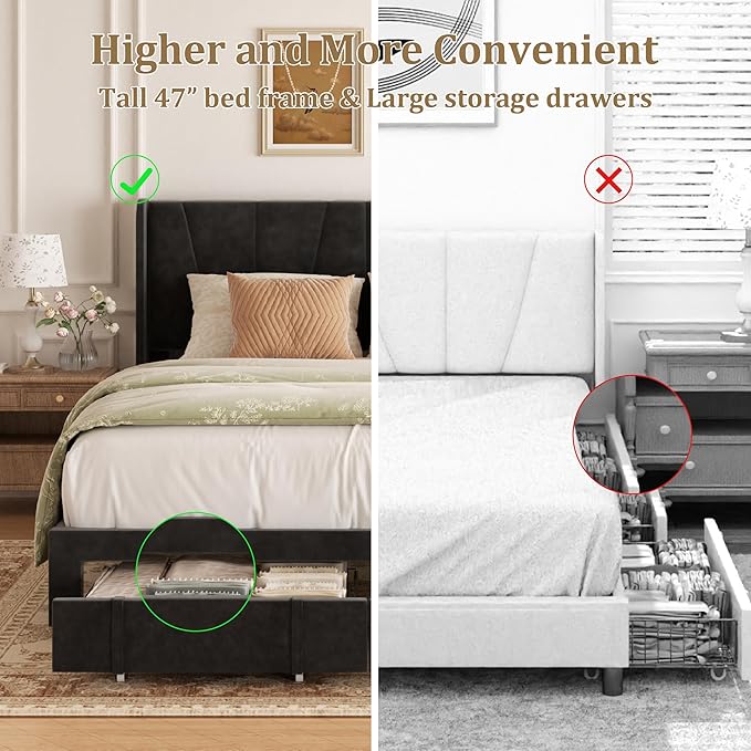 King Bed Frame with Storage Drawers, Upholstered Platform Bed with Headboard - Image 6