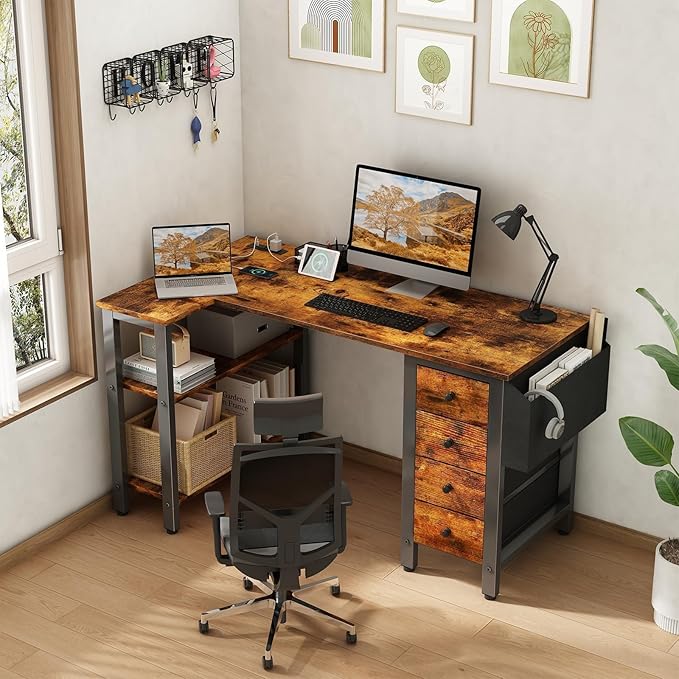 Lufeiya L Shaped Desk with Drawers & Storage Shelves, 47 Inch Small Reversible - Image 2