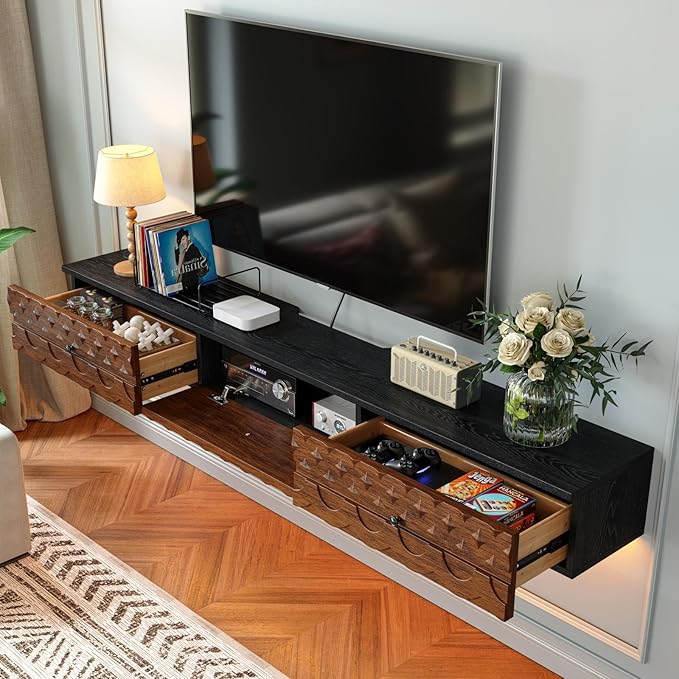 Fully-Assembled Floating TV Stand, Vintage Carved Floating Entertainment Center - Image 3