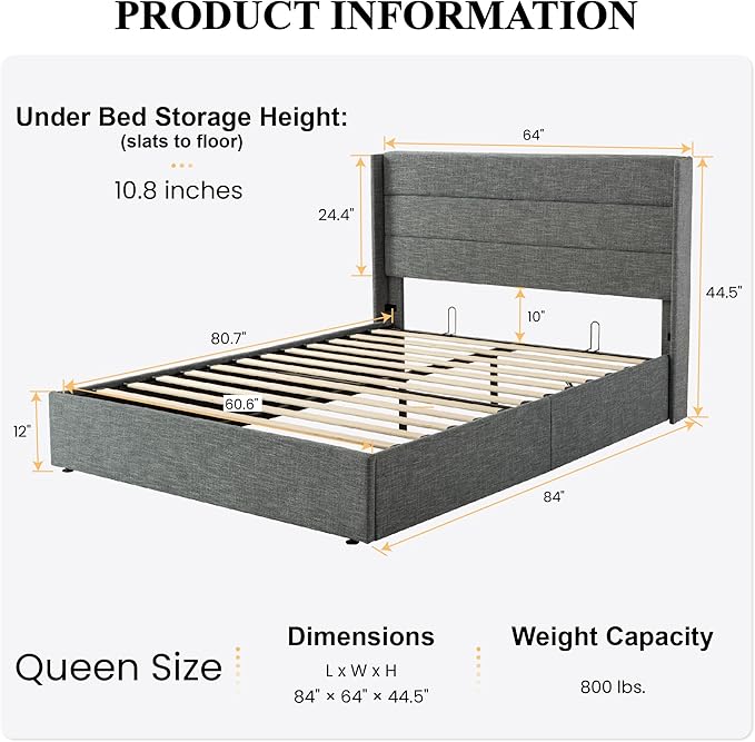 SHA CERLIN Queen Size Lift Up Storage Bed/Modern Wingback Headboard/Upholstered - Image 2