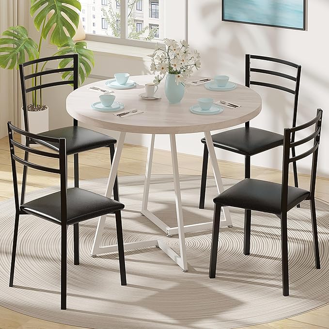VECELO 35" Round Dining Table for 4, Wood-Grain Tabletop & Heavy-Duty Steel - Image 7
