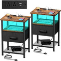 Nightstands Set of 2 with Charging Station and Drawer, End Table Bedside Table by LAKEMID